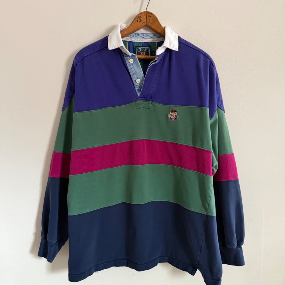 Vintage Ralph Lauren Chaps Rugby Shirt Mens M Navy Green Stripe 90s Preppy Bloke